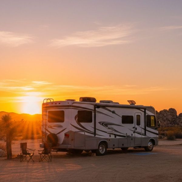 A modern RV parked in a scenic California desert campsite at sunset
