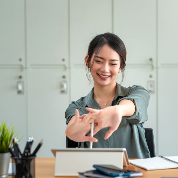 woman at desk stretching before resuming work