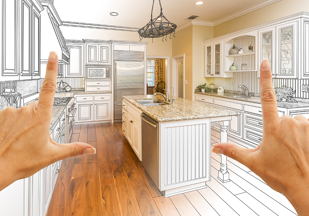 Image of a drawing overlayed on a kitchen