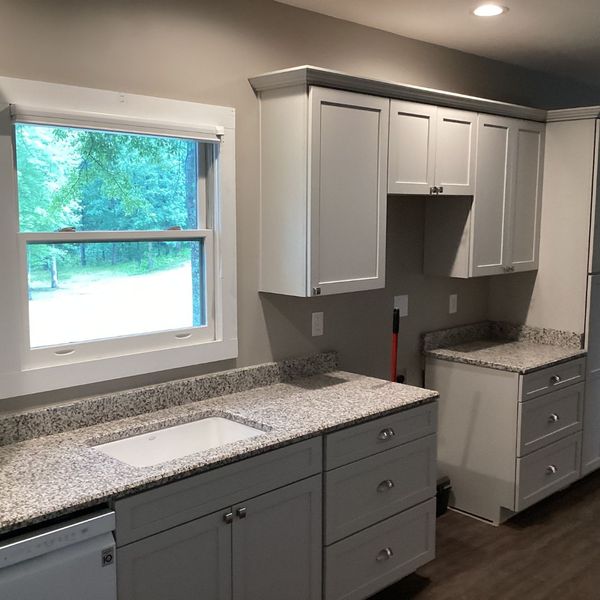 kitchen with white cabinets and light grey walls