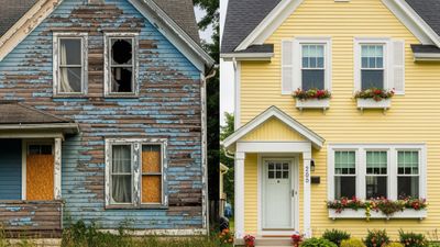 A split image showing a house with peeling, damaged paint on one side and a beautifully painted, well-maintained house on the other.