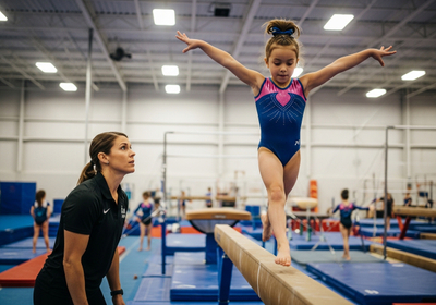 Young Gymnast on Balance Beam with Coach