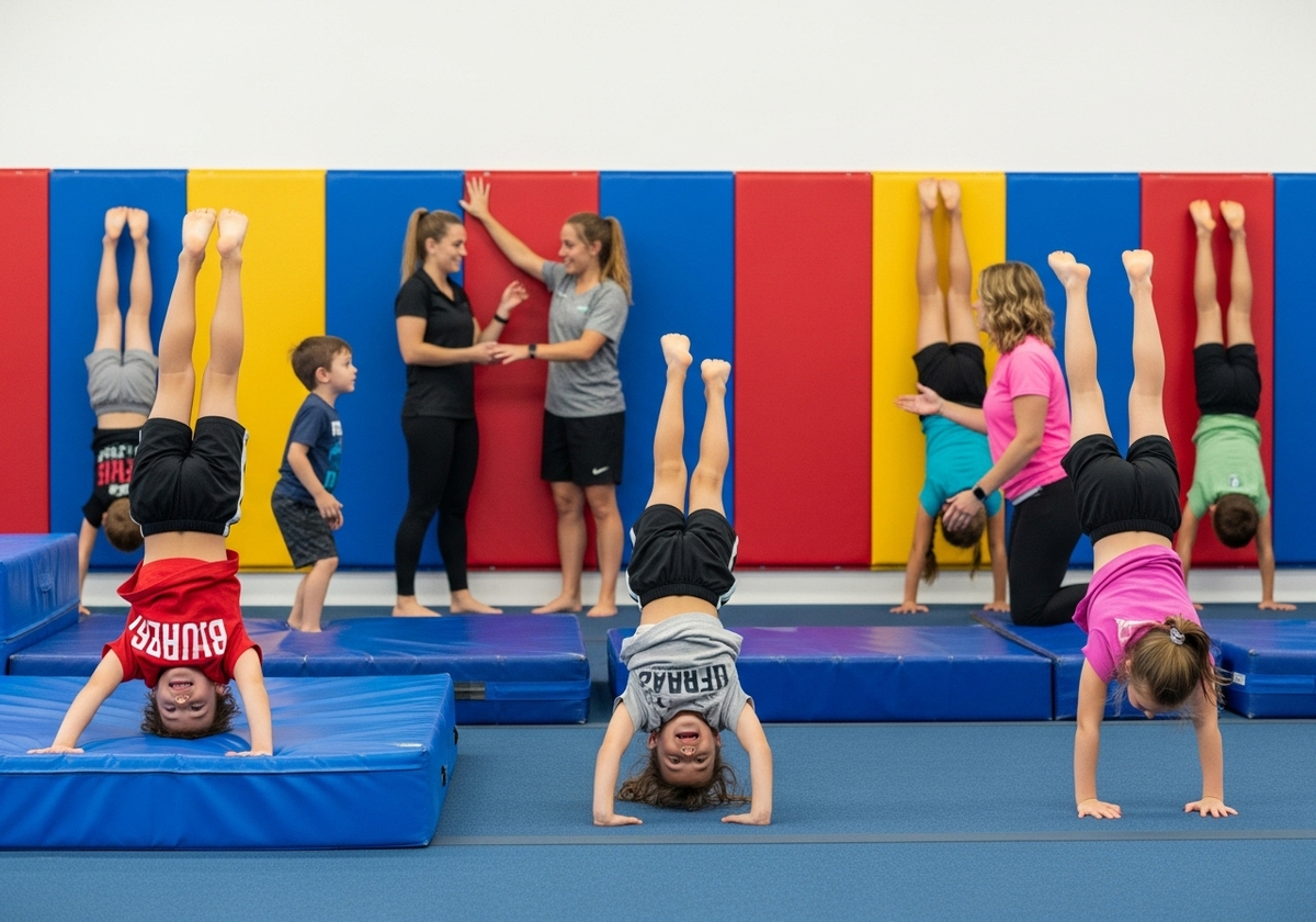 Kids Practicing Handstands in Gymnastics Class