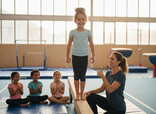Girl on balance beam with coach and classmates