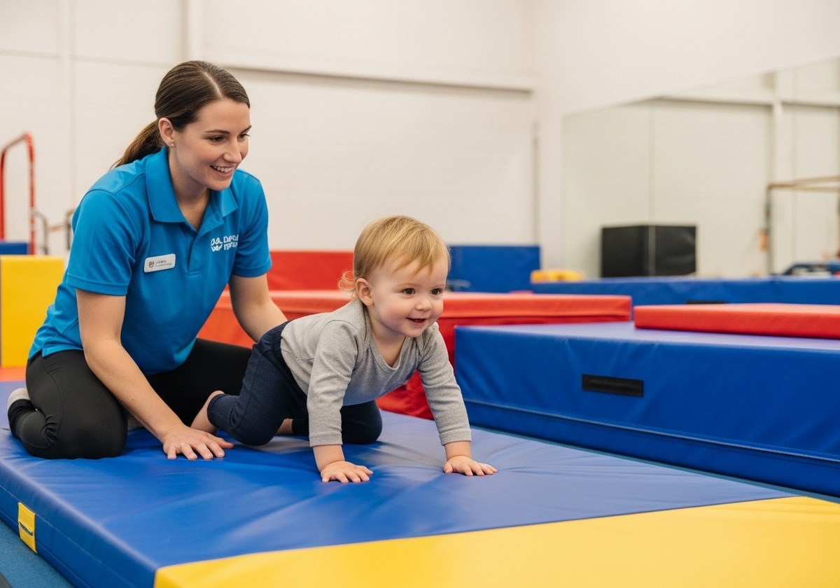 Baby crawling on mat in gymnastics class