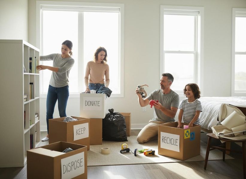 A family declutters their home, organizing belongings into cardboard boxes labeled for donation, keeping, disposal, and recycling. Family organizing belongings into labeled boxes for donation, keeping, disposal, and recycling