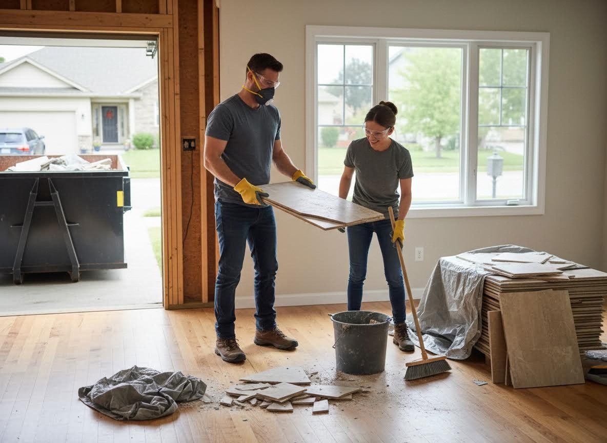 Couple removing old flooring during home renovation