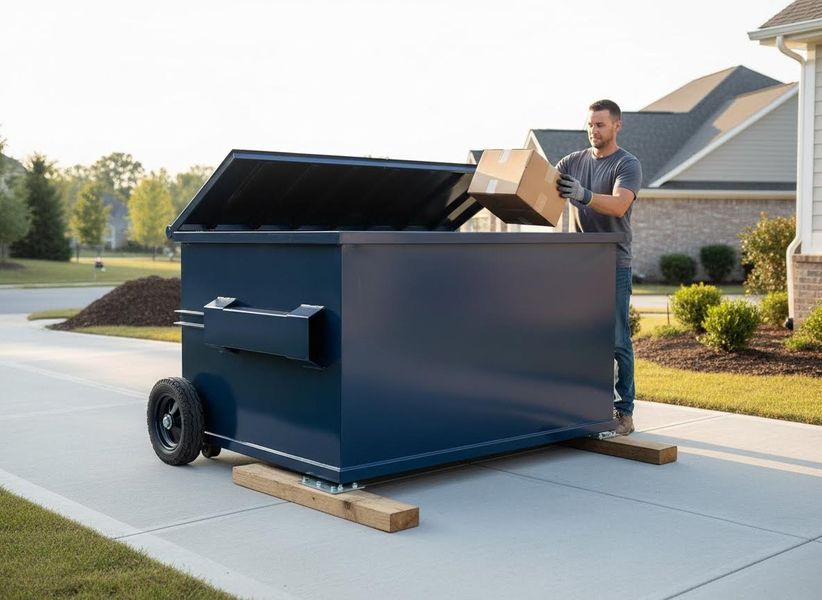 A man in a t-shirt and jeans is dropping a cardboard box into a large, dark blue roll-off dumpster on a driveway. Man placing box into a residential dumpster