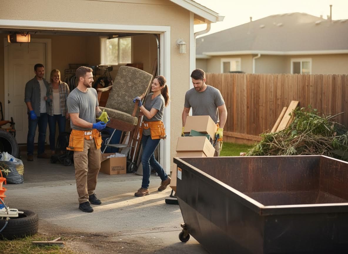 Family clearing garage with a dumpster
