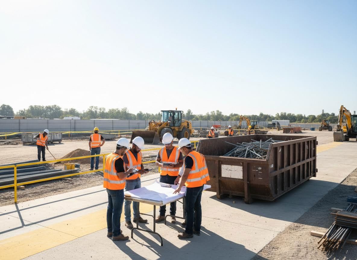 Construction workers reviewing blueprints on a site