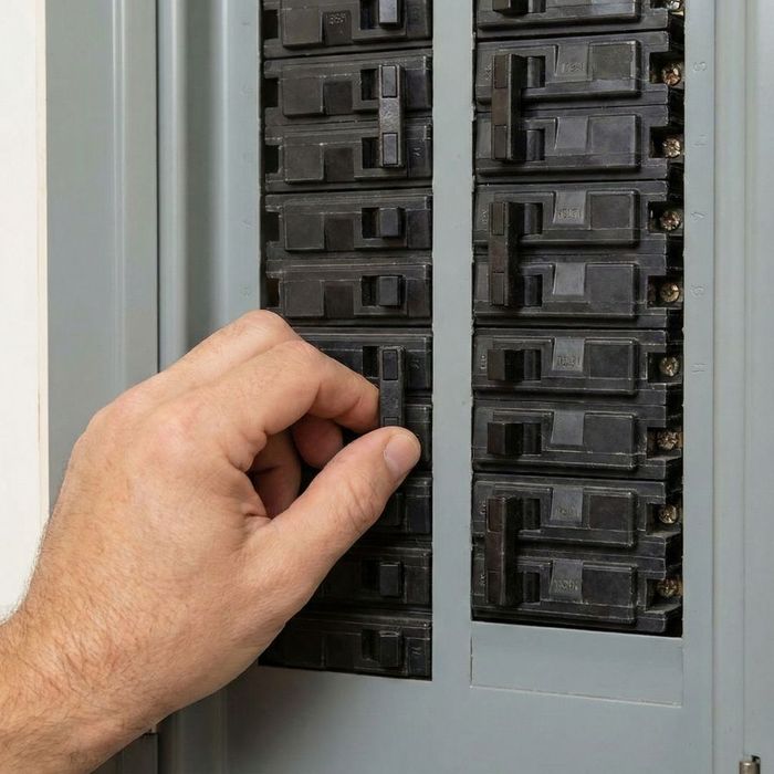 A hand resets a tripped circuit breaker switch in a crowded electrical panel.