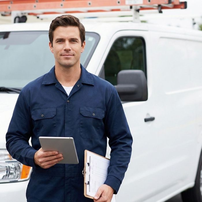 A professional electrician stands in front of a service van holding a tablet and a clipboard.