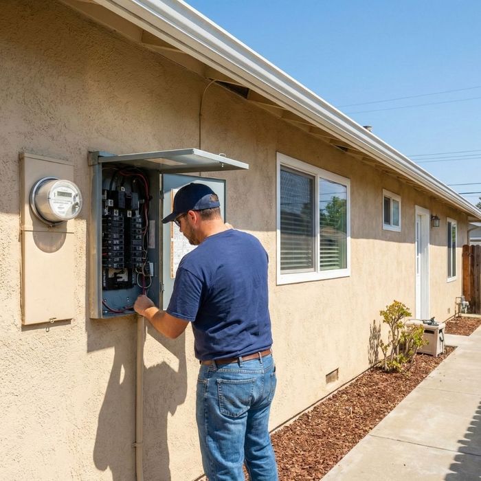 An electrician works on an open electrical panel on the exterior of a stucco house.