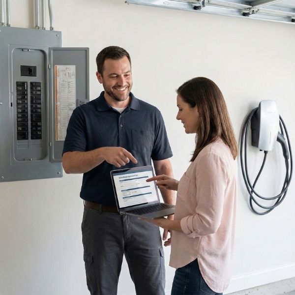 An electrician pointing out rebate information on a laptop to a woman in a garage near an electrical panel and EV charger.