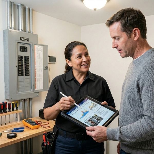 electrician using tablet, explaining to homeowner