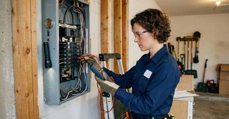 electrician uses a multimeter to inspect a residential breaker panel