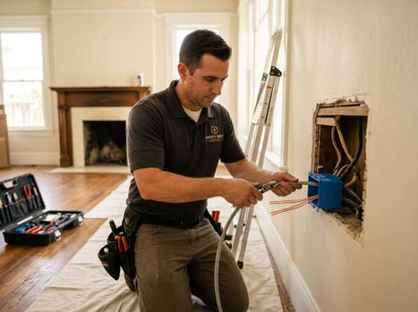 A male electrician wearing a Safety First Electric shirt kneels, stripping wires from an electrical box in a residential wall. Tools are nearby. Electrician installing wiring in a wall