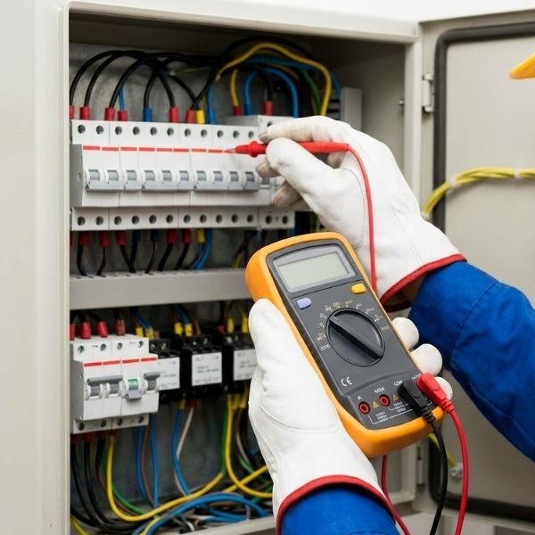 An electrician's gloved hand holding a digital multimeter, testing the voltage inside an open electrical panel.