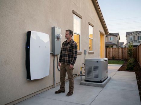 A man in a plaid shirt stands beside a white Tesla Powerwall and a gray home generator installed on the side of a tan house. Man with Tesla Powerwall and Home Generator