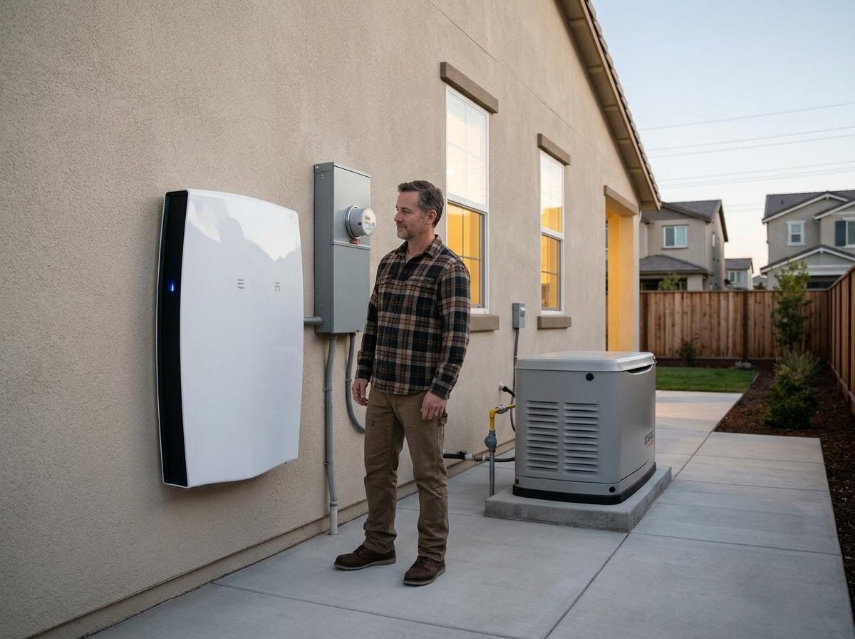Man with Tesla Powerwall and Home Generator