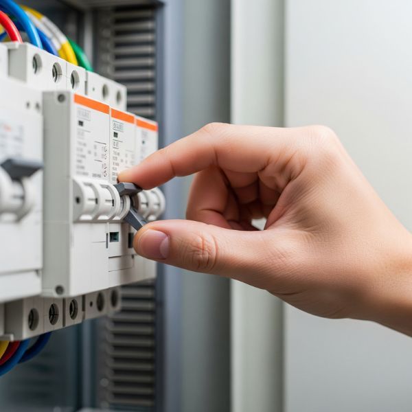 A hand turning off a circuit breaker in a home electrical panel