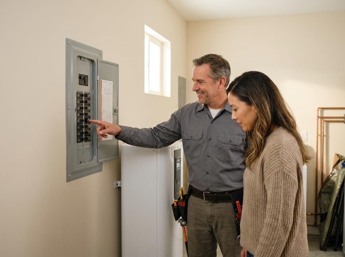 Electrician Explaining Circuit Breaker Panel to Homeowner