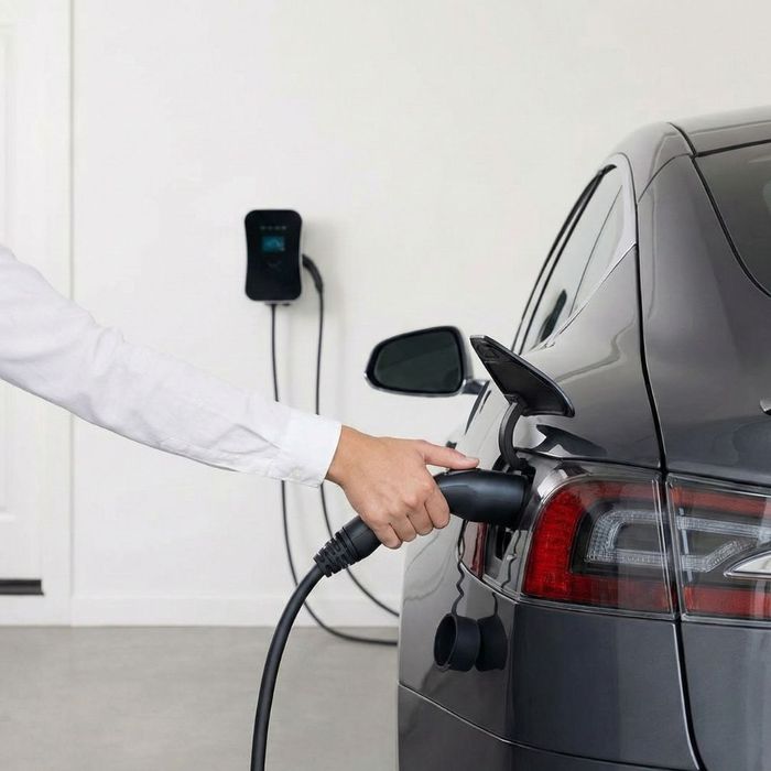 A person plugs a charging cable into a modern electric vehicle in a home garage.