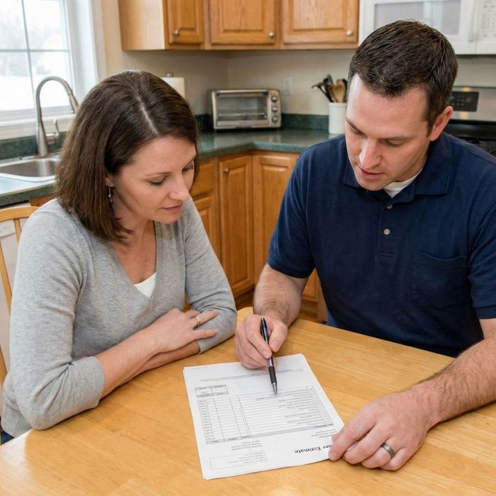 An electrician and a homeowner sit at a kitchen table reviewing a paper estimate.