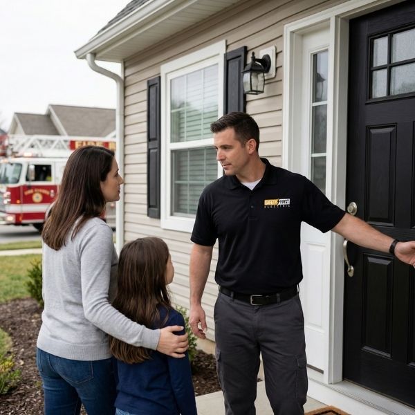 A "Safety First Electric" technician talking to a concerned mother and daughter outside their home with a fire truck in the background.