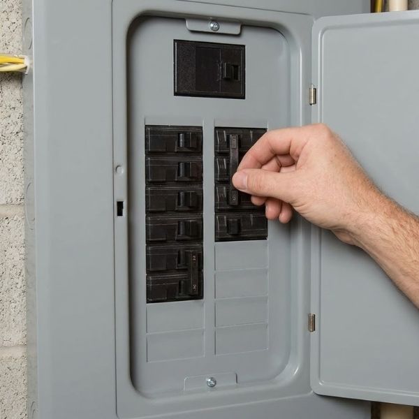 Person resetting a circuit breaker in a basement panel.