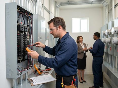 A male electrician in safety glasses tests an electrical panel with a multimeter, while two colleagues discuss nearby. Electrician working on electrical panel with colleagues