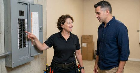 electrician showing homeowner a residential electrical panel