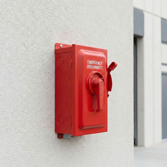 A bright red emergency electrical disconnect switch is mounted on the exterior wall of a commercial building.