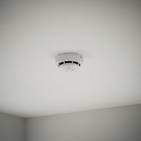 A modern smoke detector installed on a residential ceiling