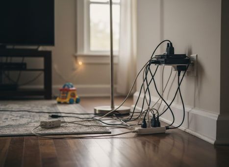 Overloaded Electrical Outlet with Multiple Power Strips and Cords