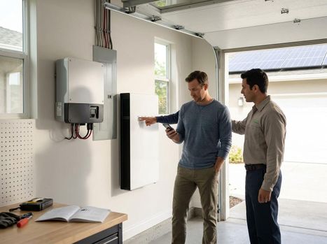 A homeowner points at a wall-mounted solar battery system in a garage, discussing it with a technician. Solar panels are visible outside. Homeowner and technician reviewing solar energy storage system