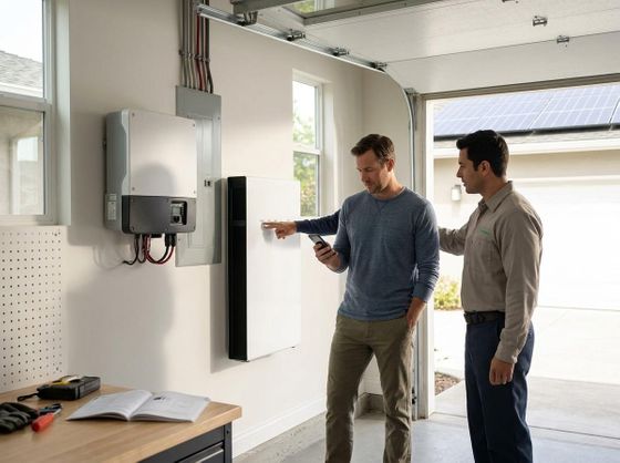 Homeowner and technician reviewing solar energy storage system