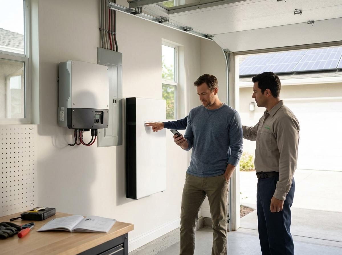 Homeowner and technician reviewing solar energy storage system