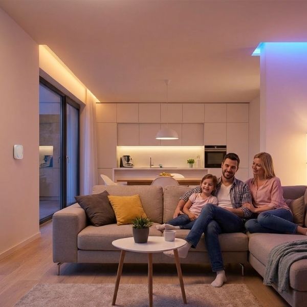 A happy family of three relaxing in a modern, well-lit living room, with visible, working smart home devices and ambient lighting.
