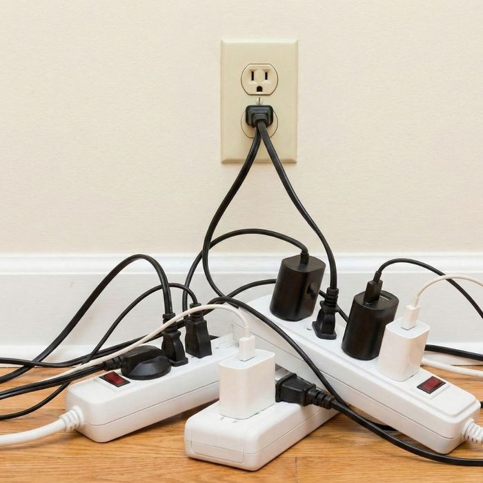 Multiple power strips and cords are dangerously tangled and plugged into a single wall outlet.