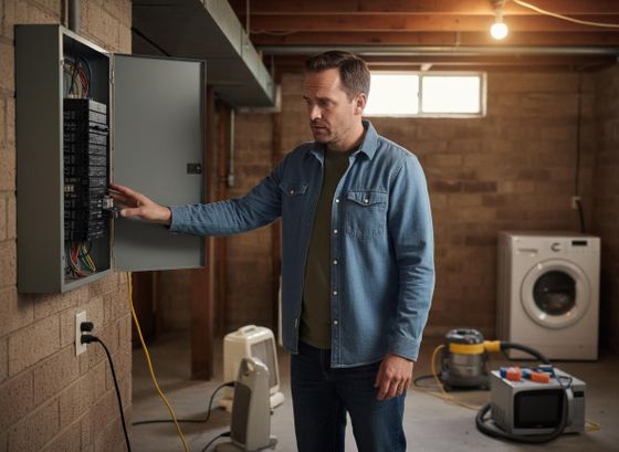 Man troubleshooting electrical panel in basement