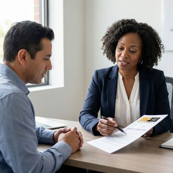 A man and a woman sitting at a desk reviewing financial documents together in a professional office.