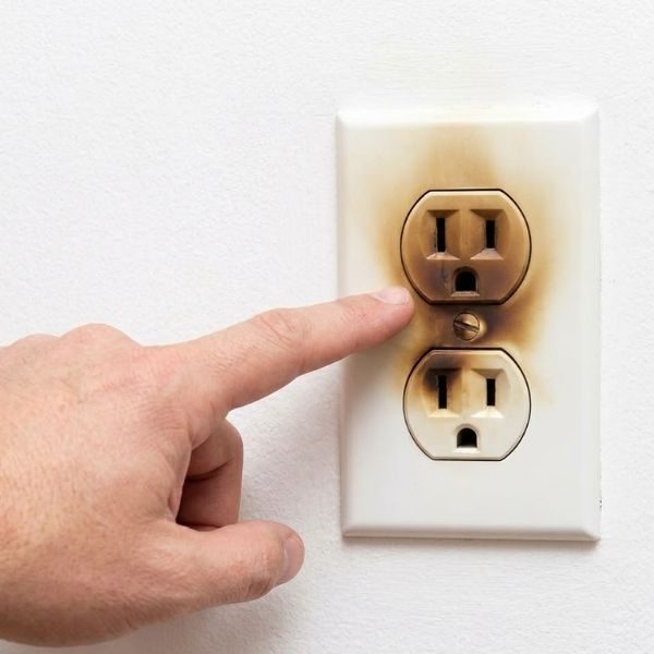 Hand pointing at a brown, scorched outlet.