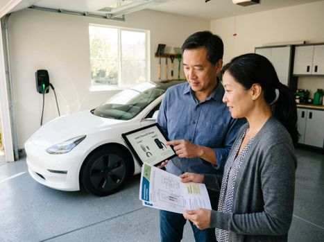 An Asian couple looking at a tablet showing EV charging levels, with a white Tesla and wall charger in their garage. Couple reviewing home EV charging options