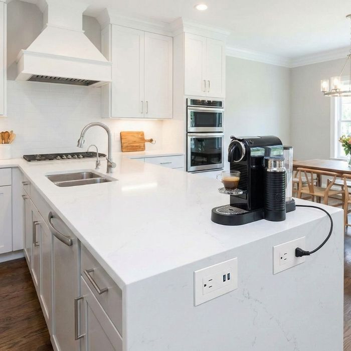 A coffee machine is plugged into a new, modern electrical outlet on a quartz kitchen island in a renovated home.