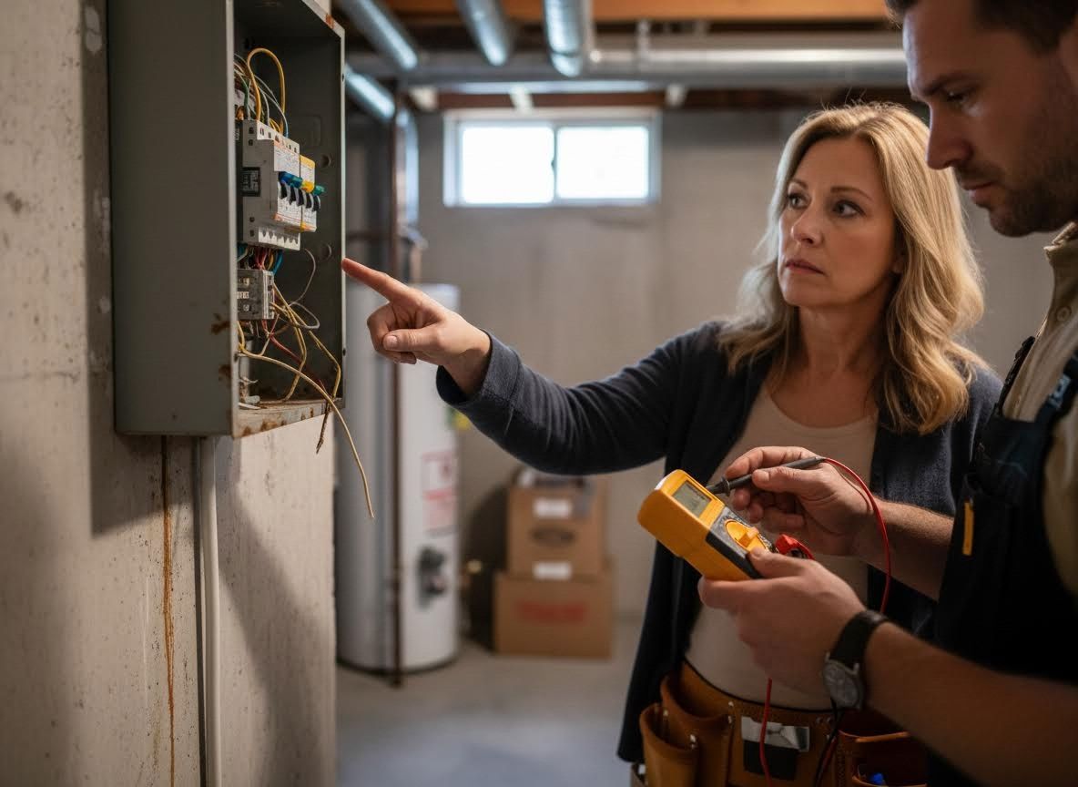 Woman and electrician inspecting electrical panel