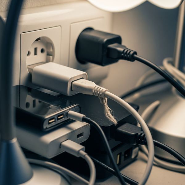 An overloaded wall outlet with several plugs connected