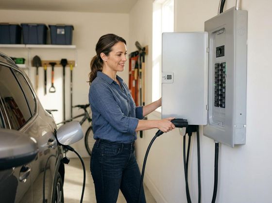 Woman charging electric vehicle in garage