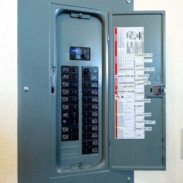 An open residential electrical panel with clear labeling on the inside door for different home circuits.