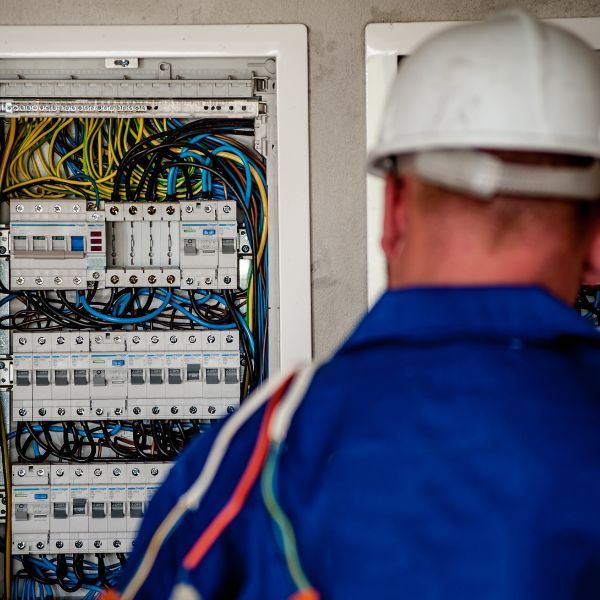 electrician looking at electrical panel